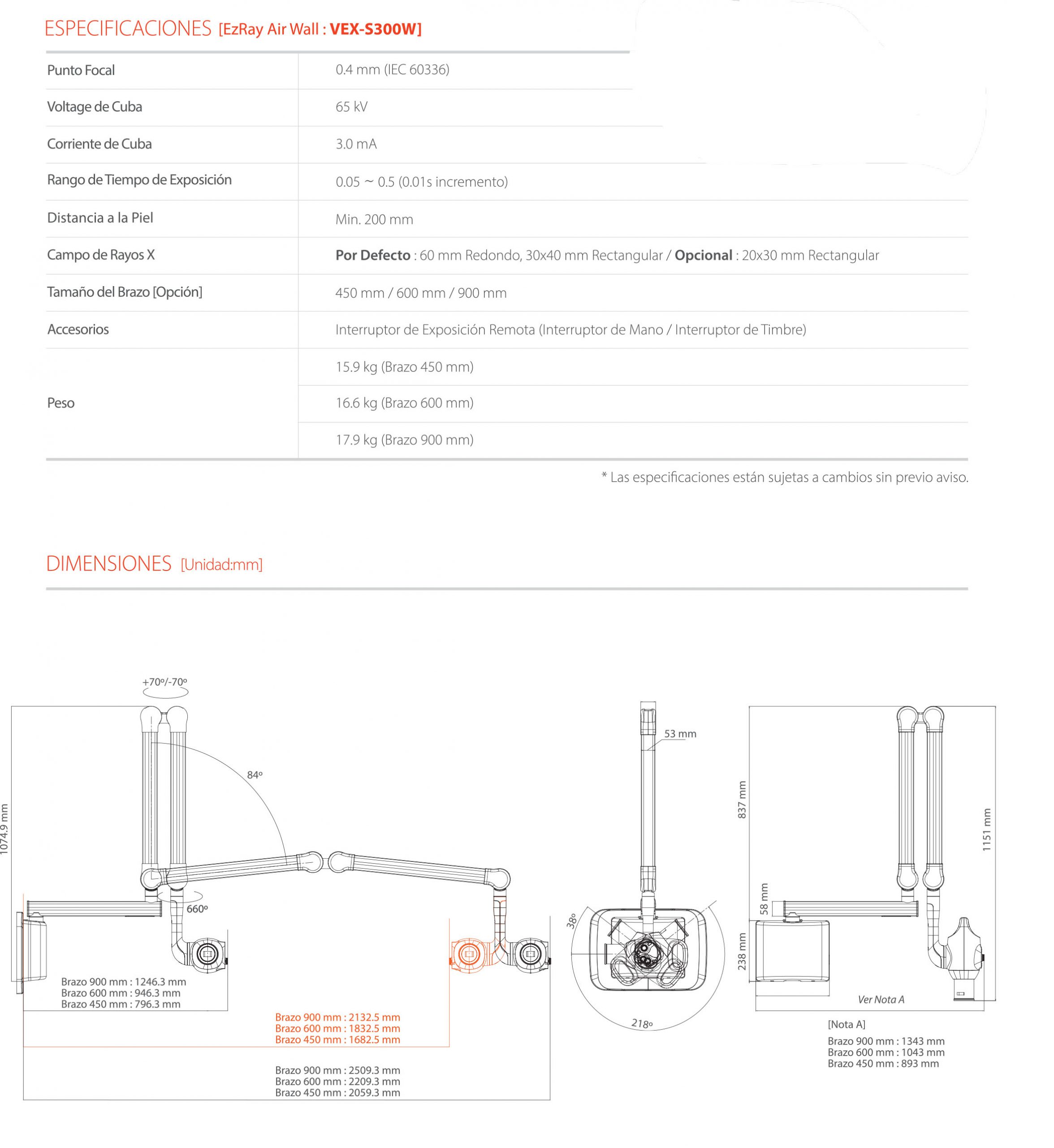 Especificaciones y dmensiones de nuestro Rayos X intraoral EzRay Air Wall